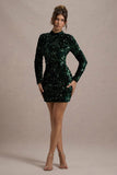 My Light Bottle Green Sequin High-Neck Long-Sleeve Bodycon Mini Dress