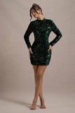 My Light Bottle Green Sequin High-Neck Long-Sleeve Bodycon Mini Dress