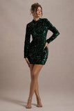 My Light Bottle Green Sequin High-Neck Long-Sleeve Bodycon Mini Dress