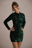 My Light Bottle Green Sequin High-Neck Long-Sleeve Bodycon Mini Dress