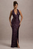 Superstition Plum Sequin Plunge-Neck Split Maxi Dress