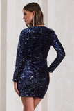 Tantalise Navy Sequin Plunge-Neck Long-Sleeve Mini Dress