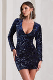 Tantalise Navy Sequin Plunge-Neck Long-Sleeve Mini Dress