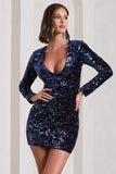 Tantalise Navy Sequin Plunge-Neck Long-Sleeve Mini Dress