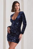 Tantalise Navy Sequin Plunge-Neck Long-Sleeve Mini Dress