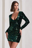Tantalise Bottle Green Sequin Plunge-Neck Long-Sleeve Mini Dress