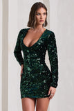 Tantalise Bottle Green Sequin Plunge-Neck Long-Sleeve Mini Dress