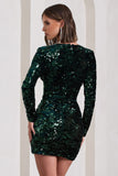 Tantalise Bottle Green Sequin Plunge-Neck Long-Sleeve Mini Dress