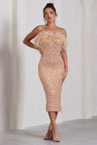 In Your Head Rose Gold Sequin Strappy Midi Dress With Feathers