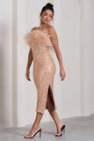 In Your Head Rose Gold Sequin Strappy Midi Dress With Feathers