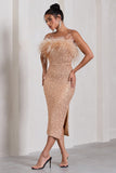 In Your Head Rose Gold Sequin Strappy Midi Dress With Feathers