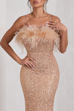 In Your Head Rose Gold Sequin Strappy Midi Dress With Feathers