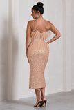 In Your Head Rose Gold Sequin Strappy Midi Dress With Feathers
