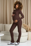 Fia Chocolate Brown High-Neck Slim-Leg Maternity Jumpsuit