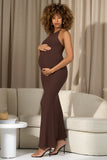 Perrie Chocolate Brown Halter-Neck Maternity Maxi Dress