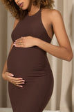 Perrie Chocolate Brown Halter-Neck Maternity Maxi Dress