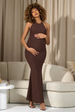 Perrie Chocolate Brown Halter-Neck Maternity Maxi Dress