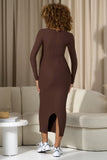 Leonora Chocolate Brown Square-Neck Long-Sleeve Split Maternity Midi Dress