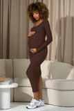 Leonora Chocolate Brown Square-Neck Long-Sleeve Split Maternity Midi Dress