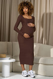 Leonora Chocolate Brown Square-Neck Long-Sleeve Split Maternity Midi Dress
