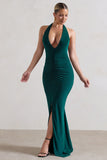 Rachel Bottle Green Ruched Halter-Neck Split Maxi Dress