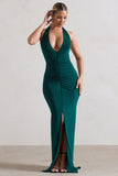 Rachel Bottle Green Ruched Halter-Neck Split Maxi Dress