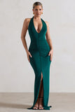 Rachel Bottle Green Ruched Halter-Neck Split Maxi Dress