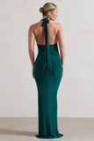 Rachel Bottle Green Ruched Halter-Neck Split Maxi Dress