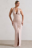 Rachel Champagne Ruched Halter-Neck Split Maxi Dress