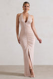 Rachel Champagne Ruched Halter-Neck Split Maxi Dress