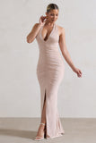Rachel Champagne Ruched Halter-Neck Split Maxi Dress