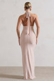 Rachel Champagne Ruched Halter-Neck Split Maxi Dress