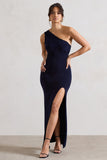 Melody Navy One Shoulder Cowl-Back Split Maxi Dress