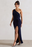 Melody Navy One Shoulder Cowl-Back Split Maxi Dress