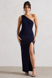 Melody Navy One Shoulder Cowl-Back Split Maxi Dress