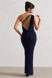 Melody Navy One Shoulder Cowl-Back Split Maxi Dress