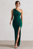 Melody Bottle Green One Shoulder Cowl-Back Split Maxi Dress
