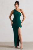 Melody Bottle Green One Shoulder Cowl-Back Split Maxi Dress