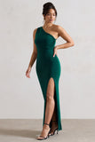 Melody Bottle Green One Shoulder Cowl-Back Split Maxi Dress