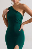Melody Bottle Green One Shoulder Cowl-Back Split Maxi Dress