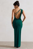 Melody Bottle Green One Shoulder Cowl-Back Split Maxi Dress