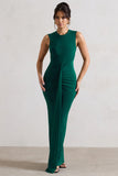 Alexa Bottle Green High-Neck Gathered Maxi Dress With Drape