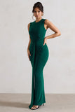 Alexa Bottle Green High-Neck Gathered Maxi Dress With Drape