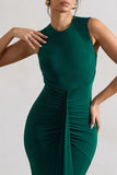 Alexa Bottle Green High-Neck Gathered Maxi Dress With Drape