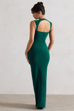 Alexa Bottle Green High-Neck Gathered Maxi Dress With Drape