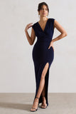 Honour Navy V-Neck Split Maxi Dress With Cowl-Back