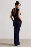 Honour Navy V-Neck Split Maxi Dress With Cowl-Back