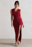 Honour Berry V-Neck Split Maxi Dress With Cowl-Back