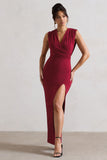 Honour Berry V-Neck Split Maxi Dress With Cowl-Back