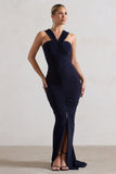 Aida Navy Ruched V-Neck Split Maxi Dress
